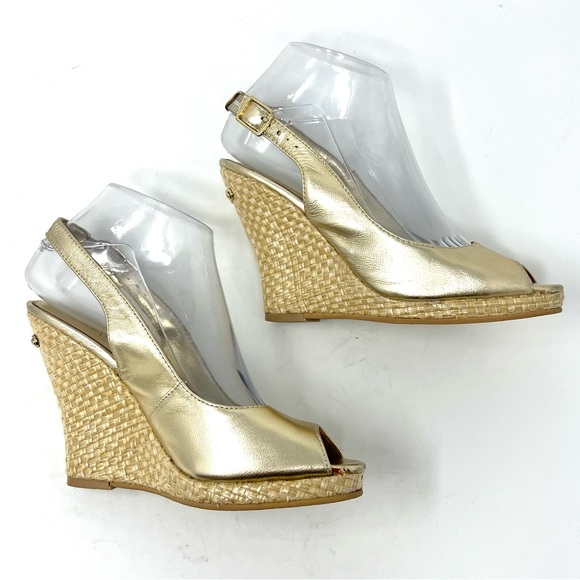Lilly Pulitzer Kristin Gold Leather Peep Toe Slingback Wedge Heel Sandals Sz 6.5 - Picture 6 of 10